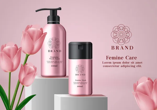 Kozmetikai Gúnyolódik Vektor Banner Sablon Női Ápolási Termékek Rózsaszín Elegáns — Stock Vector