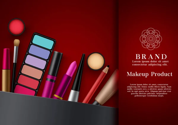 Makeup Skönhetsprodukter Vektor Mall Mode Skönhet Kosmetika Elegant Röd Färg — Stock vektor