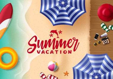 Summer vacation vector background design. Summer vacation text in seaside with beach elements like umbrella, surfboard, floater, beach ball, flip flop and hat in beach background for travel season. Vector illustration. clipart