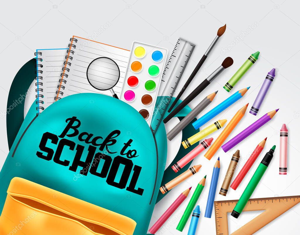 Back to school vector concept design. Back to school text with colorful school elements and education items  like school bag, color pencil, notebook, crayons and ruler in white background. Vector illustration.