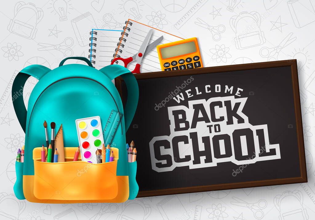 Welcome back to school vector concept design. Welcome back to school typography in chalkboard space for text with school supplies and education elements in patterned background. Vector illustration. 