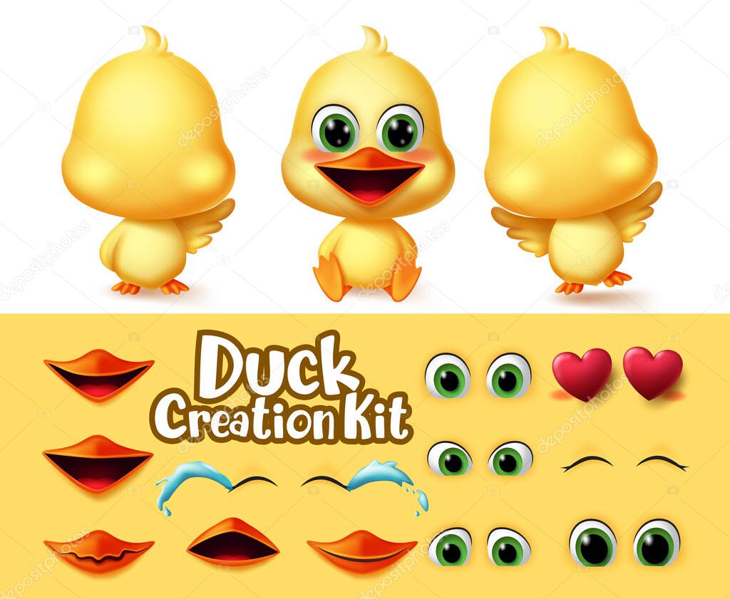 Ducks creation animal characters vector set. Duck animals editable character eyes and mouth kit with different emotion and feeling for duckling cartoon collection. Vector illustration