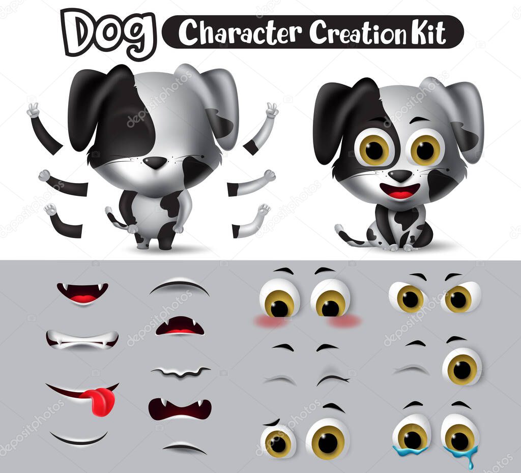 Dog characters creation vector set. Dogs character dalmatian animals editable create eyes, mouth and body kit with different feelings, pose  and gestures for animal collection design. Vector illustration