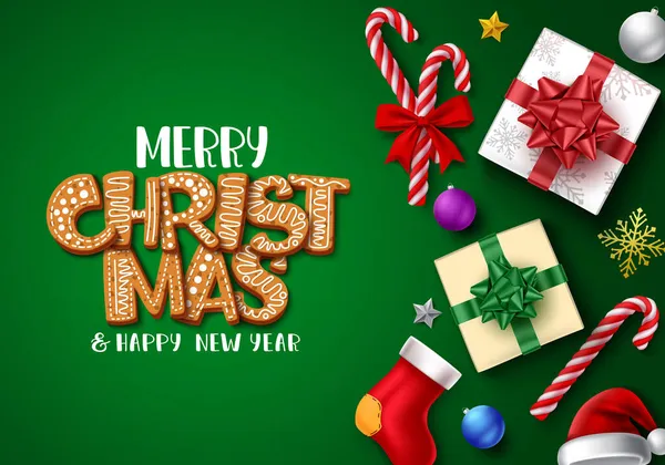 メリークリスマスベクトルバナーテンプレートのデザイン クリスマスのお祝いメッセージカードのための空のスペースとカラフルな要素とメリークリスマスジンジャーブレッドグリーティングテキスト ベクターイラスト — ストックベクタ