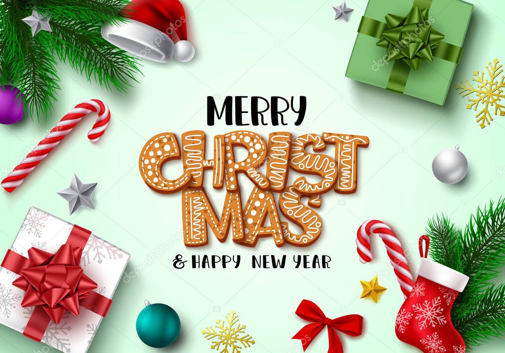 Merry christmas greeting vector background design. Merry christmas gingerbread text in empty space for messages with xmas elements for holiday season celebration. Vector illustration