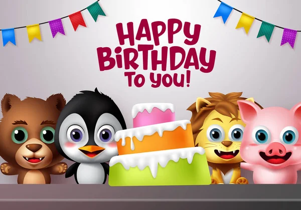 Happy Birthday Vector Kids Animal Party Concept Happy Birthday Greeting — Stock Vector