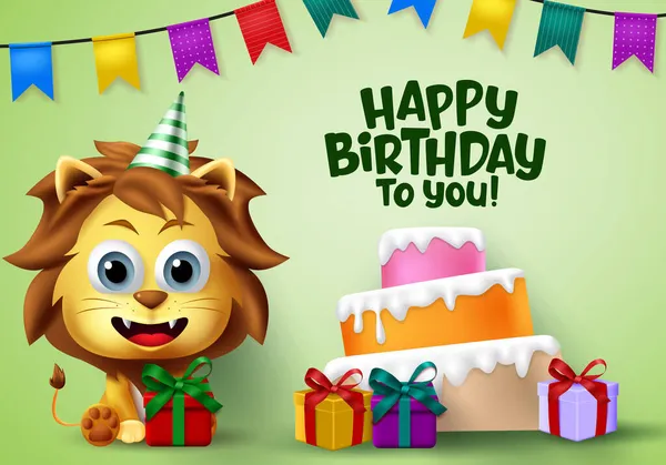 Happy Birthday Lion Vector Animal Party Happy Birthday Greeting Text — Stock Vector
