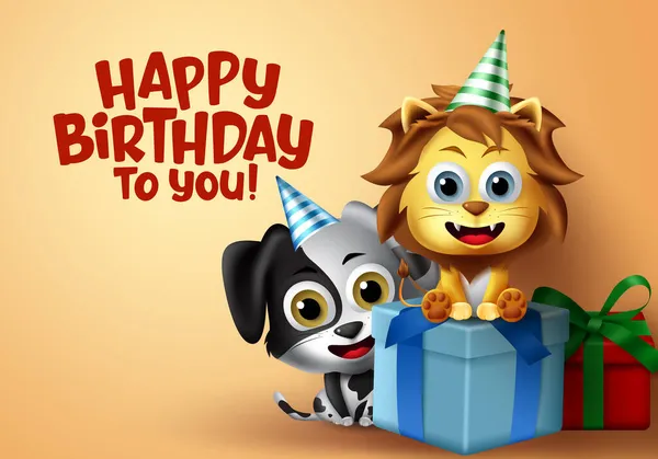Birthday Party Vector Kids Animal Characters Happy Birthday Greeting Text — Stock Vector