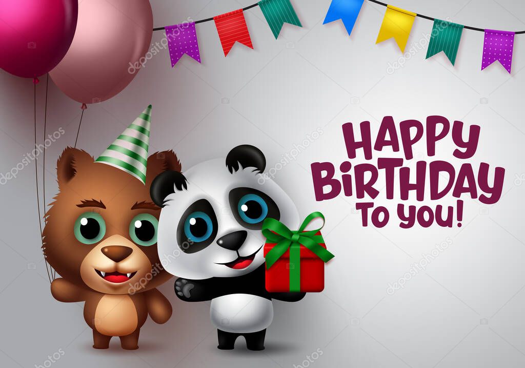Happy birthday vector animal kids party. Happy birthday greeting text with panda and bear kids animal characters standing and holding balloons, party hat and gift element with colorful pennants in white background. Vector illustration.