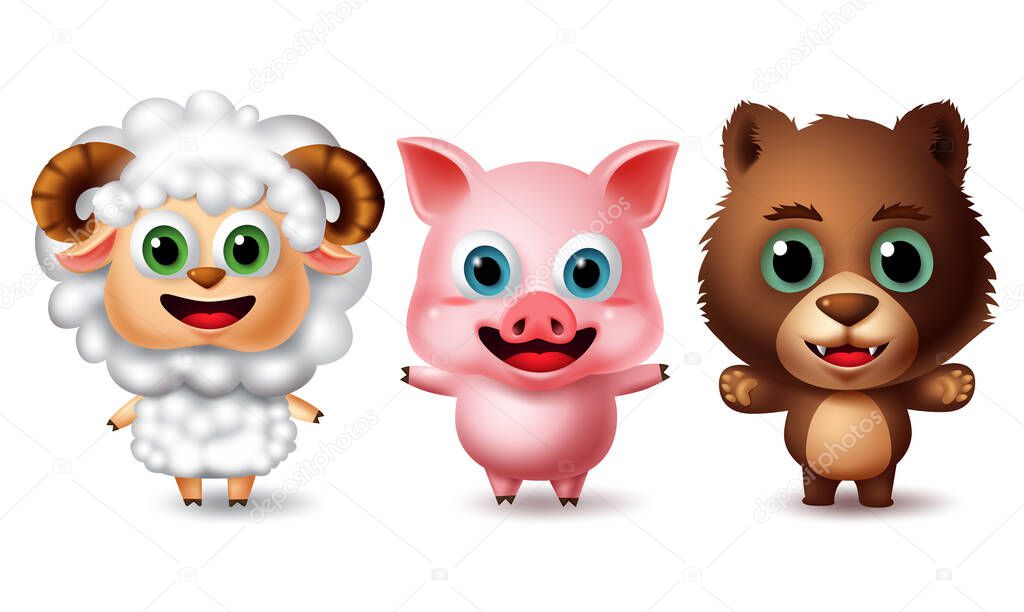 Animal characters standing vector set. Lamb, pig and bear animal characters in smiling facial expression while standing isolated in white background. Vector illustration.