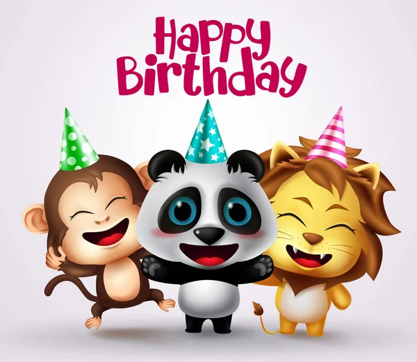 Happy Birthday Animal Party Characters Vector Design Happy Birthday Text — Stock Vector