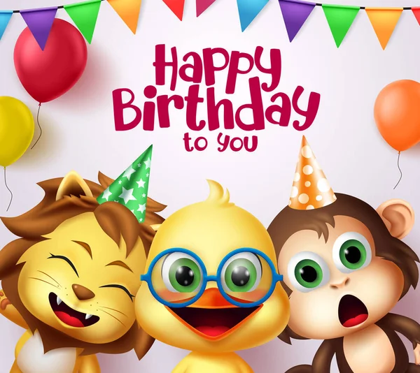 Happy birthday kids party animals costume character vector design. Happy birthday to you greeting text with cute animal friends characters and colorful party elements like pennants and balloons. Vector illustration