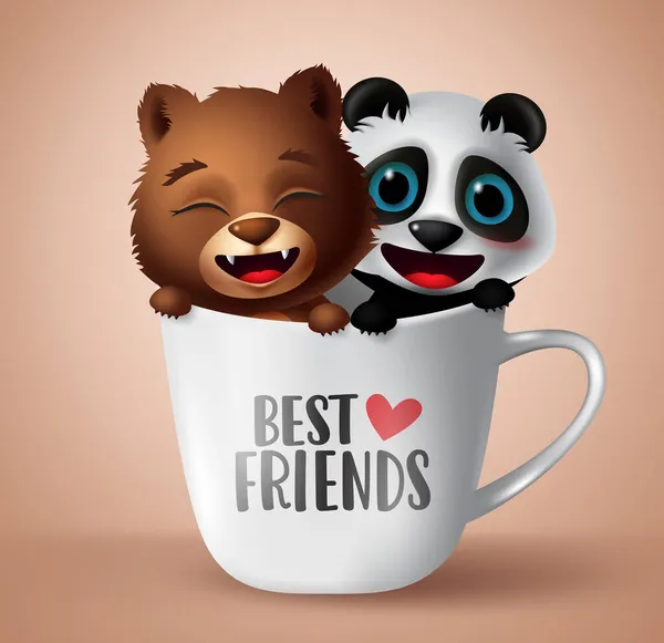 最好的朋友可爱的熊和熊猫动物角色矢量设计 最好的朋友文字白色的杯子元素与友好的熊猫宝宝和熊的动物角色为孩子友谊卡通形象的设计 矢量说明 — 图库矢量图片