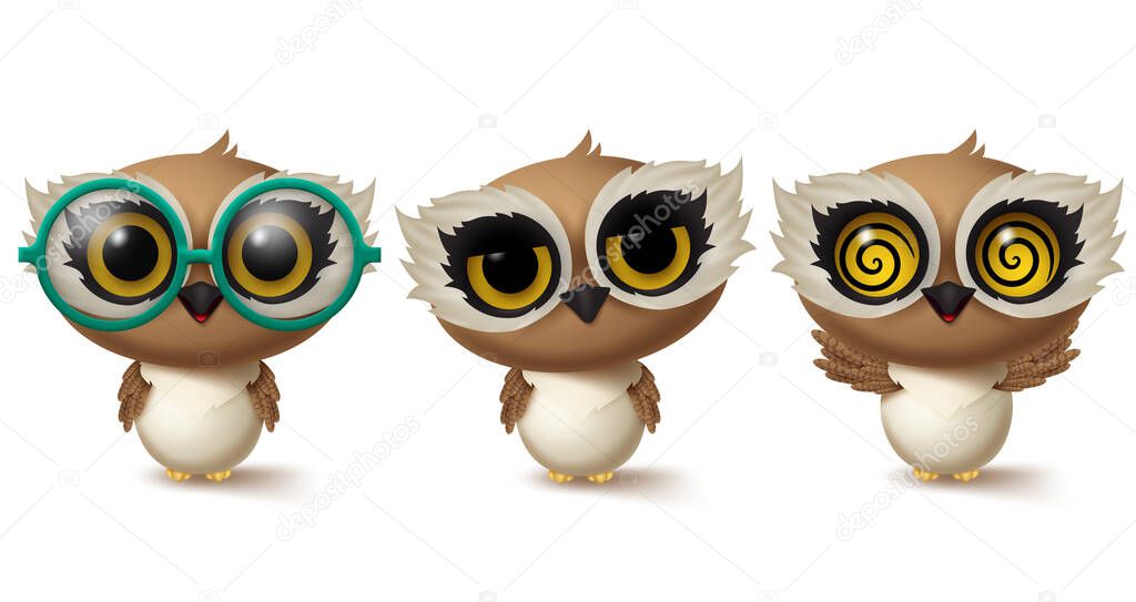 Owls animal characters vector set. Animals owl bird character in standing pose and gestures with cute facial expressions like dizzy, sleepy and friendly for wildlife design elements. Vector illustration     