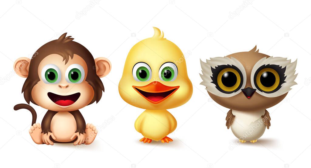 Animals character vector set. Monkey, duck and owl kids animal characters in cute smiling facial expression for pet collection design elements isolated in white background. Vector illustration 