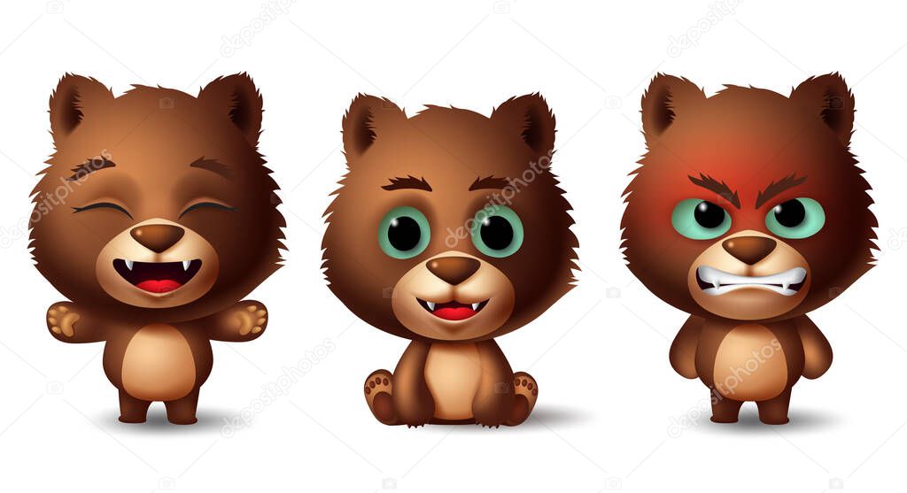 Bear brown animals character vector set. Grizzly bears animal kids characters in sitting and standing pose and gestures with different facial expressions like angry, cute and happy. Vector illustration 