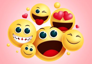 Emojis gülen grup vektör tasarımı. Gülücük emoji arkadaş grubu gülen surat ve arkadaşlık işareti için komik yüz ifadesi ve kırmızı arka planda sembol koleksiyonu. Vektör illüstrasyonu.