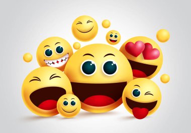 Smiley emoji grup vektör tasarımı. Arkadaşların Emoji sarı gülen yüzü ve beyaz arka planda arkadaşlık tasarımı için yüz ifadesi. Vektör illüstrasyonu.