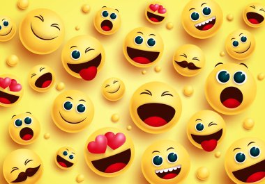 Sarı arka plan vektör konseptinde gülen emojiler. Smileys emoji avatar karakteri, farklı yüz ifadeleriyle, aşk, mutluluk, yaramazlık ve tasarım koleksiyonu için sürpriz gibi. Vektör illüstrasyonu.