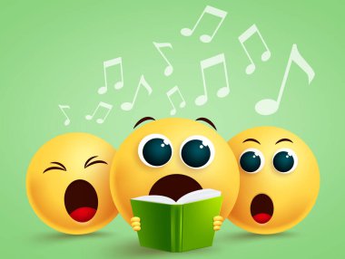 Güleç emojiler koro vektör tasarımını söylüyor. Koroda şarkı söyleyen sarı komik yüzlü Emoji. Vektör illüstrasyonu.