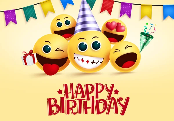 Cumpleaños Emojis Sonrientes Saludo Vector Feliz Cumpleaños Saludo Texto Espacio — Archivo Imágenes Vectoriales