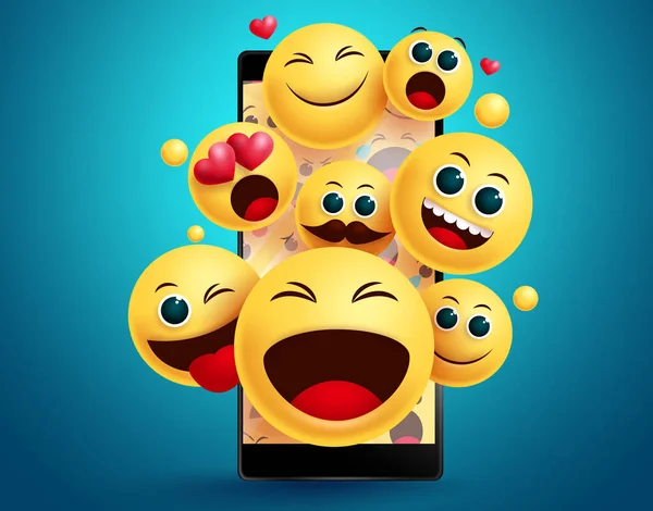 Emoji Smileys Conceito Vetor Telefone Celular Smiley Emojis Amarelo Rosto — Vetor de Stock