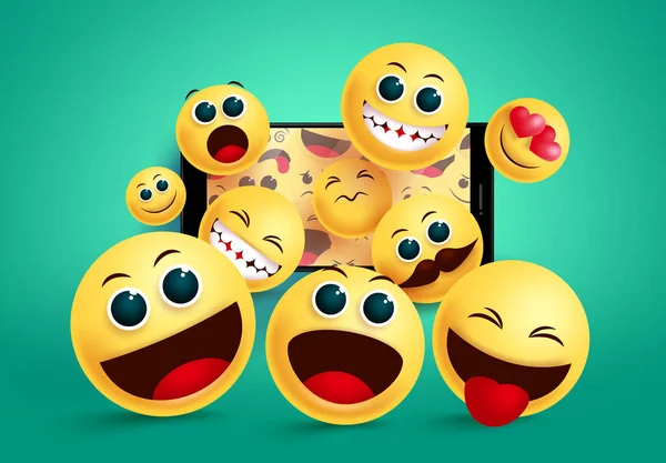 Emoji Cep Telefonu Vektör Konseptinde Gülümsüyor Mutlu Neşeli Mavi Arka — Stok Vektör