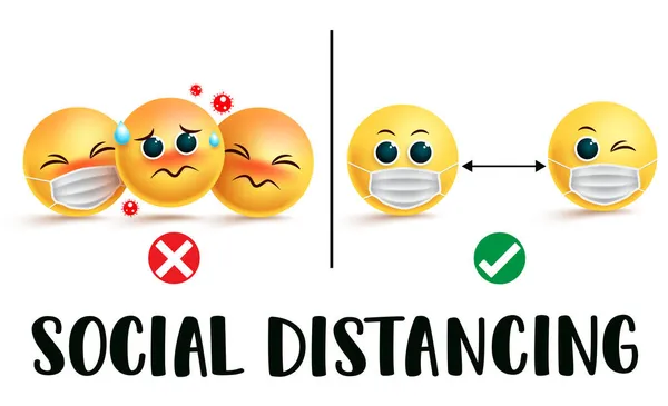 Smiley Emojis Społecznie Zdystansowany Znak Wektora Społeczne Zdystansowanie Instrukcji Ostrzegania — Wektor stockowy
