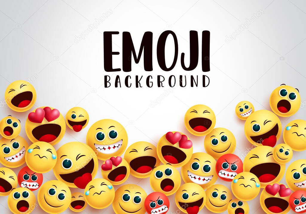 Emoji smiley background vector template. Emoji background text in white empty space with emoticon smiley in naughty, in love and crying facial expression for avatar collection design. Vector illustration.  