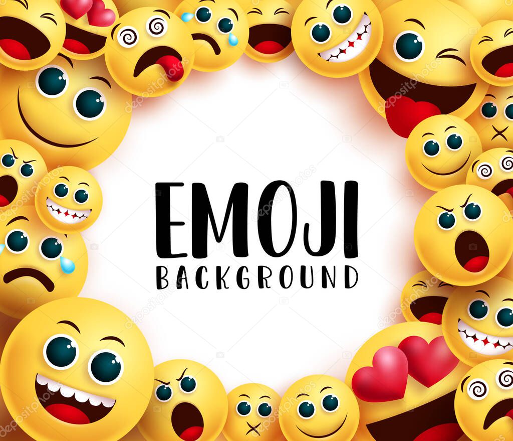 Emoji smiley background vector background template. Emoji background text in white circle empty space for messages with smiley emoticon yellow face in different facial expression for character design collection. Vector illustration.     