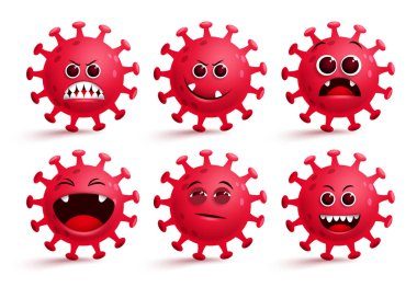 Coronavirus covid-19 emoji vektör seti. Covid19 ncov virüsü, küresel pandemik salgın koleksiyonu için kırmızı, şaşırtıcı ve yaramaz yüz ifadeleriyle güler. Vektör illüstrasyonu. 