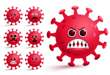 Coronavirus covid-19 emoji gülen vektör seti. Covid19 Corona virüsü emojisi ve kırmızı kızgın yüz ifadesi ve küresel salgın için duyguları olan emoticon. Vektör illüstrasyonu.
