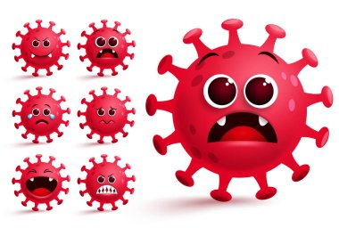 Corona virüsü covid-19 emoticon vektör seti. Covid-19 Corona virüsü, dünya çapında salgın tasarım unsurları için yüz ifadeleri ve duygularla ifade edilen emoji ve simgelerle gülümsüyor. Vektör illüstrasyonu. 