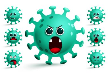 Coronavirus covid-19 emoji vektör seti. Yeşil covid-19 corona virüsü, beyaz arka planda izole edilmiş Corona salgını koleksiyonu için kızgın yüz ifadesine sahip emoji ve emoticon gülümsüyor. Vektör illüstrasyonu.