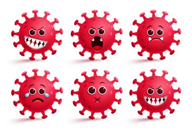 Covid-19 koronavirüs emoji vektörü ayarlandı. Covid-19 Corona virüsü beyaz renkli ncov bakteri koleksiyonu için şaşırmış, kızgın ve korkutucu ifadelerle güler. Vektör illüstrasyonu  
