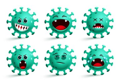 ccovid-19 koronavirüs emoji vektörü ayarlandı. Coronavirus, beyaz arka planda izole edilmiş mutlu ve sürpriz yüz ifadelerine sahip 19 gülen ifade ve emojiye sahipti. Vektör illüstrasyonu.