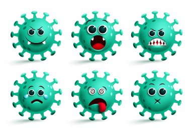 Covid19 Corona virüs emoji ikon vektörü seti. Covid-19 Coronavirus gülümseyen ifade ve ifadeler yeşil, korkunç, baş döndürücü ve şaşırtıcı yüz ifadeleriyle beyaza boyanmış. Vektör illüstrasyonu. 