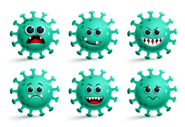 Covid19 koronavirüs simgesi ikon vektörü ayarlandı. Coronavirus covid-19 gülen ikon ve üzgün ve korkutucu yüz ifadeleri beyaz arka planda izole edilmiş emoji. Vektör illüstrasyonu. 