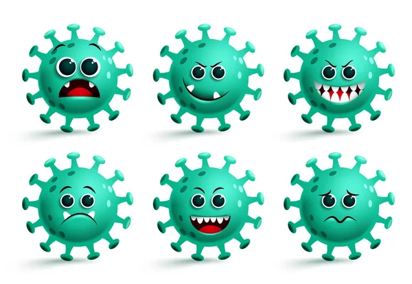 Covid19 koronavirüs simgesi ikon vektörü ayarlandı. Coronavirus covid-19 gülen ikon ve üzgün ve korkutucu yüz ifadeleri beyaz arka planda izole edilmiş emoji. Vektör illüstrasyonu. 