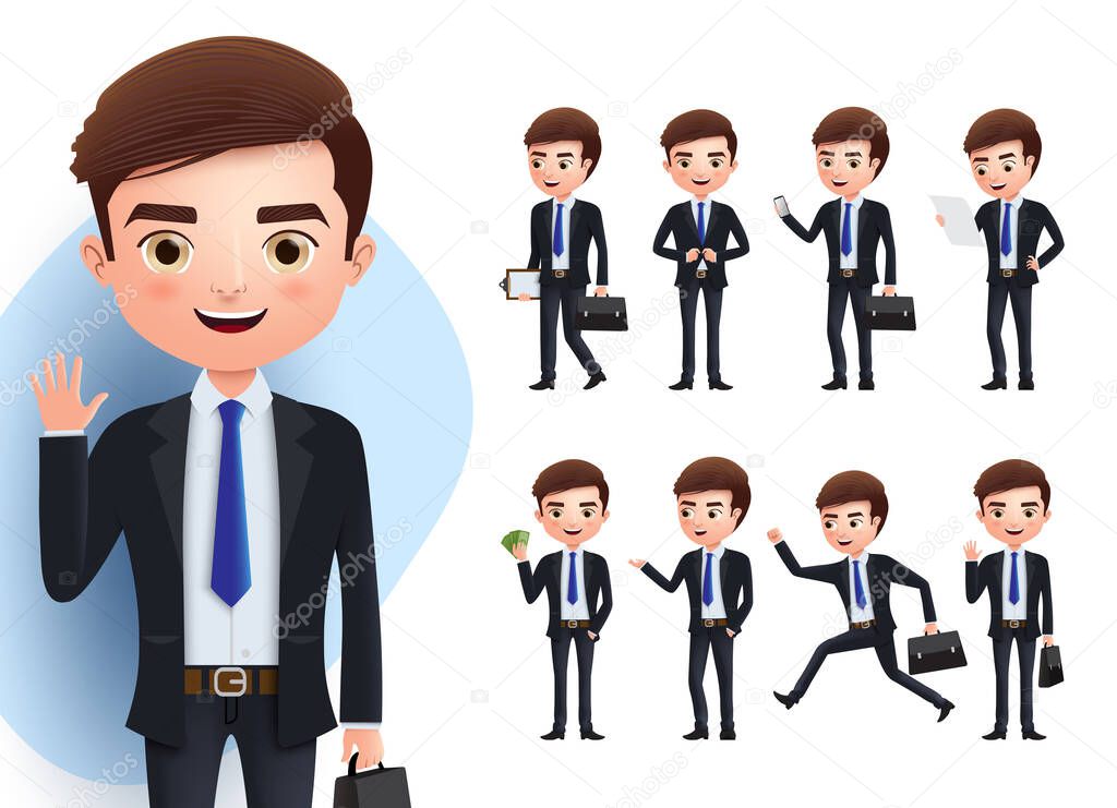 School student character vector set. Student character or school boy in standing pose and doing educational activities like presenting and reading  book isolated in white background. Vector illustration.