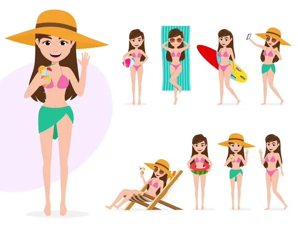 Conjunto Caracteres Vetoriais Femininos Verão Personagens Mulher Sexy Verão Roupa — Vetor de Stock