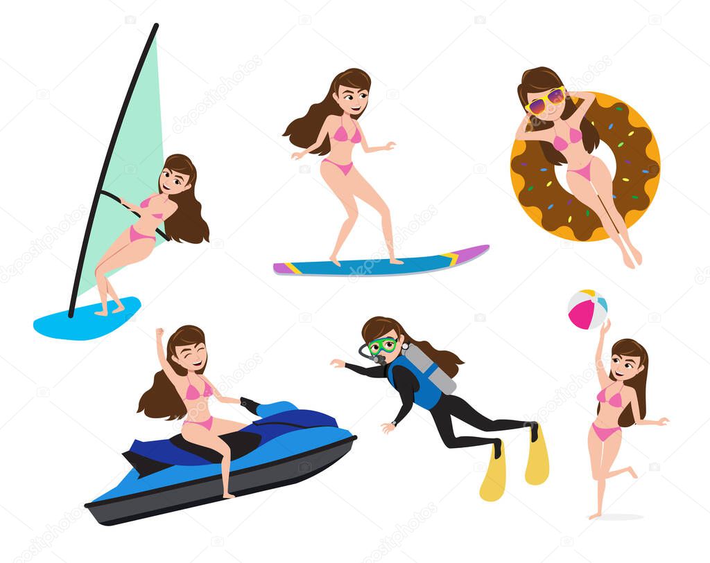 Summer activity woman characters vector set.  Female character in summer water sport adventure like jet skiing, surfing, scuba diving and water floating isolated in white background. Vector illustration. 