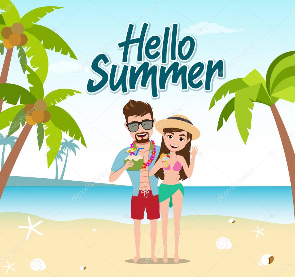 Hello summer vector concept design. Hello summer text with tourist couple characters standing while drinking fresh juice and enjoying vacation in beach background. Vector illustration.   
