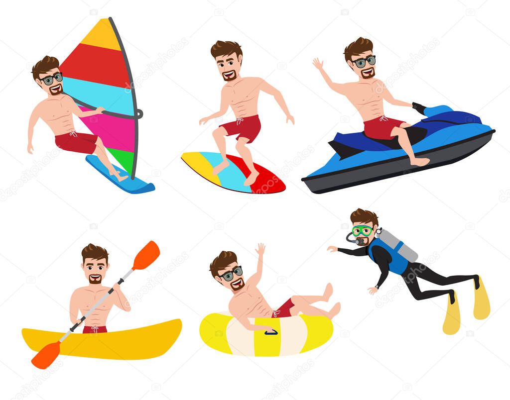 Summer activity man character vector set.  Male character in summer water sport activities like surfing, jet skiing, kayaking, boating, scuba diving and canoeing isolated in white background. Vector illustration. 