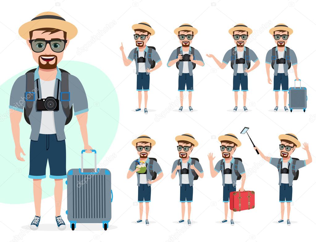 Tourist male character vector set. Man characters in summer outfit with different standing poses while holding luggage for travel vacation isolated in white background. Vector illustration.    