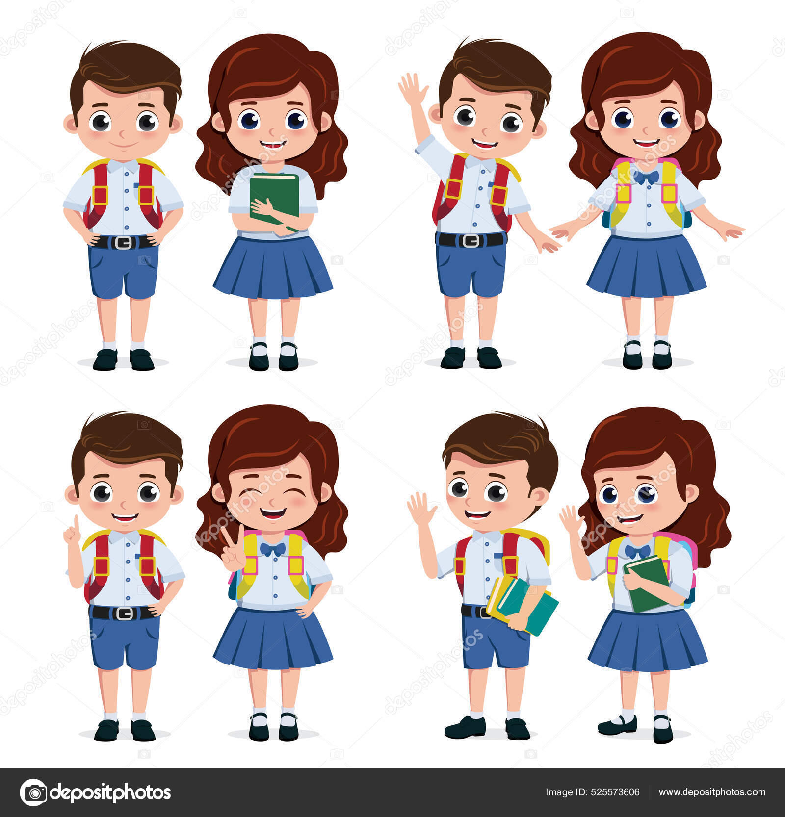 学校の生徒の文字セット 生徒のクラスメイトは立ちポーズで学校に戻るための文字や白の背景に隔離された小学校の制服を着ています ベクターイラスト  ストックベクター ©ZeinousGDS 525573606, image size:1600x1666