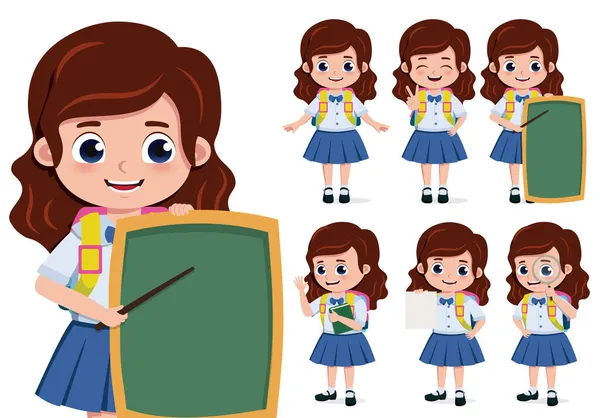 Ensemble Vecteurs Personnage Écolière Fille Retour École Personnages Élèves Dans — Image vectorielle