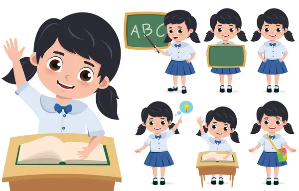 School Girl Student Character Vector Set Back School Elementary Kid — Stock Vector