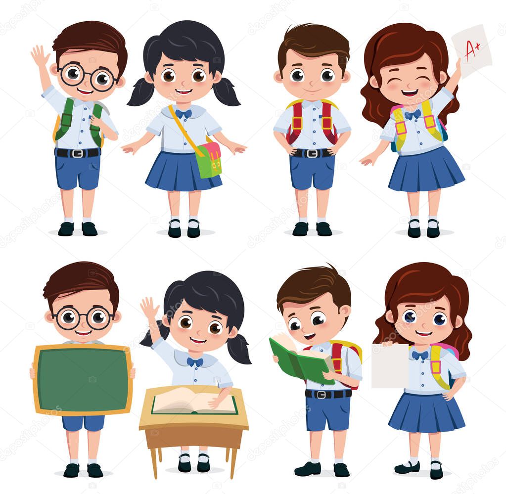 School classmate students character vector set. Back to school classmates kids elementary characters wearing uniform doing educational actives isolated in white background. Vector illustration. 