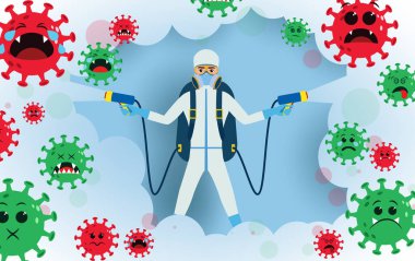 Coronavirus dezenfeksiyon vektör tasarımı. Ön cephe dezenfektanı karakter dezenfekte edici covid-19 corona virüsü anti bakteriyel dezenfektan spreyi kullanarak küresel sağlık koruması için. Vektör illüstrasyonu.